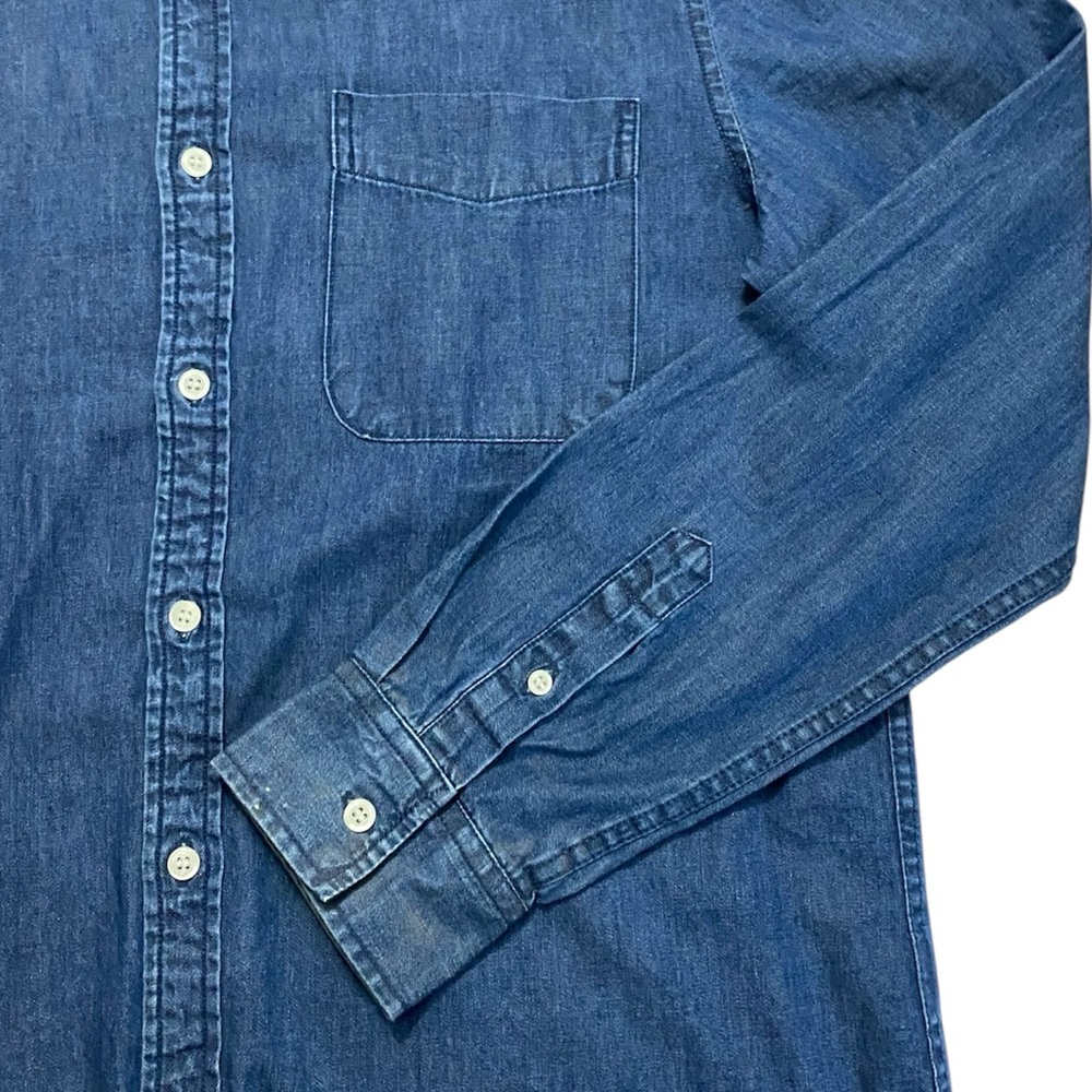 Forever 21 Men’s Dark Blue Denim Button Up Long‎ Sleeve 100% Cotton Shirt Sz L - Picture 2 of 4